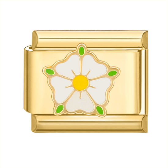 Picture of 1 Piece 304 Stainless Steel Italian Charm Links For DIY Bracelet Jewelry Making Gold Plated Multicolor Rectangle Flower 10mm x 9mm