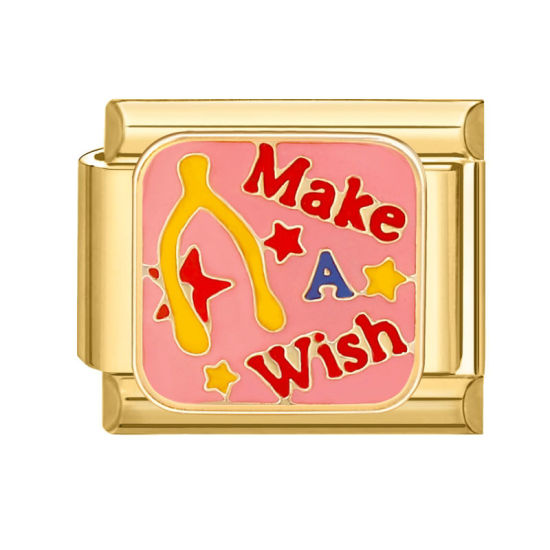 Picture of 1 Piece 304 Stainless Steel Italian Charm Links For DIY Bracelet Jewelry Making Gold Plated Multicolor Rectangle Message " Make A Wish " 10mm x 9mm