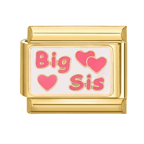 Picture of 1 Piece 304 Stainless Steel Valentine's Day Italian Charm Links For DIY Bracelet Jewelry Making Gold Plated Pink Rectangle Heart Message " Big Sister " 10mm x 9mm