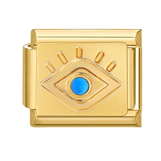 Изображение 1 ШТ 304 Нержавеющая Сталь Очаровательный итальянский браслет со звеньями Изготовление ювелирных изделий своими руками Позолоченный Прямоугольник Глаз Синий Стразы 10мм x 9мм