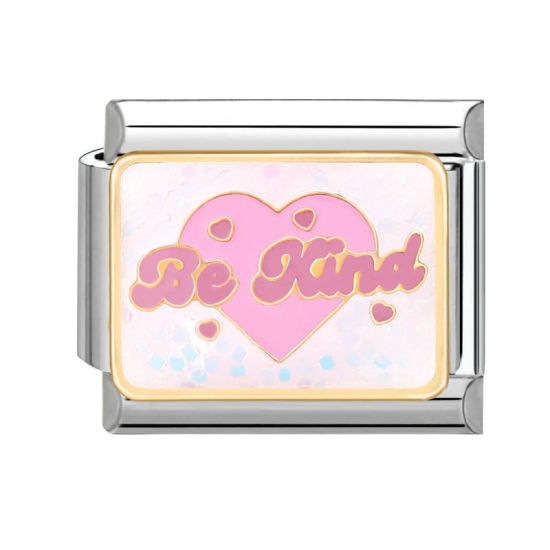 Bild von 1 Stück 304 Edelstahl Valentinstag Charm-Armband mit italienischen Gliedern zur Herstellung von DIY-Schmuck Silberfarbe Rosa Rechteck Herz Message " BE KIND " 10mm x 9mm