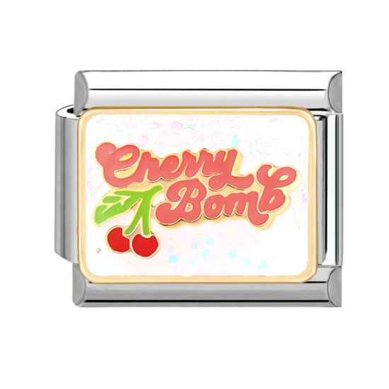Bild von 1 Stück 304 Edelstahl Charm-Armband mit italienischen Gliedern zur Herstellung von DIY-Schmuck Silberfarbe Bunt Rechteck Kirsche Message " Cherry Bomb " 10mm x 9mm