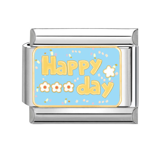 Bild von 1 Stück 304 Edelstahl Charm-Armband mit italienischen Gliedern zur Herstellung von DIY-Schmuck Silberfarbe Bunt Rechteck Message " Happy Day " 10mm x 9mm