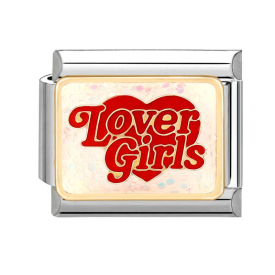 Bild von 1 Stück 304 Edelstahl Valentinstag Charm-Armband mit italienischen Gliedern zur Herstellung von DIY-Schmuck Silberfarbe Rot Rechteck Herz Message " Lover Girls " 10mm x 9mm