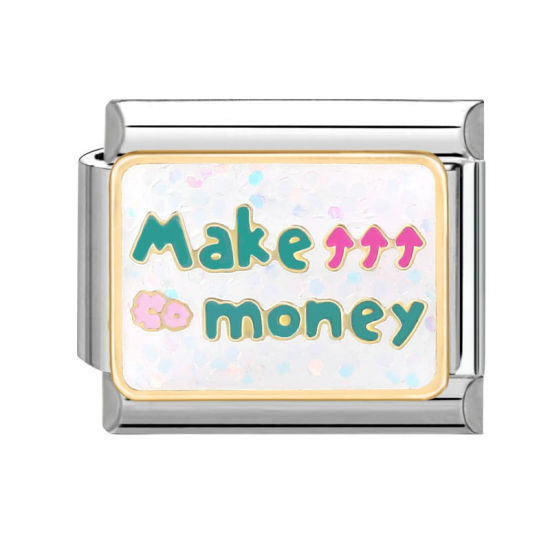 Bild von 1 Stück 304 Edelstahl Charm-Armband mit italienischen Gliedern zur Herstellung von DIY-Schmuck Silberfarbe Bunt Rechteck Message " Make Money " 10mm x 9mm