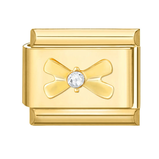 Bild von 1 Stück 304 Edelstahl Charm-Armband mit italienischen Gliedern zur Herstellung von DIY-Schmuck Vergoldet Rechteck Schleife Transparent Strass 10mm x 9mm