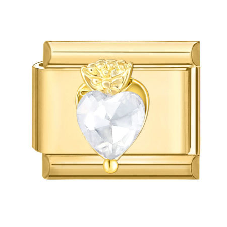 Picture of 1 Piece 304 Stainless Steel Valentine's Day Italian Charm Links For DIY Bracelet Jewelry Making Gold Plated Rectangle Heart Clear Rhinestone 10mm x 9mm