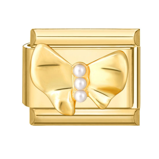 Bild von 1 Stück 304 Edelstahl Charm-Armband mit italienischen Gliedern zur Herstellung von DIY-Schmuck Vergoldet Rechteck Schleife Imitat Perle 10mm x 9mm