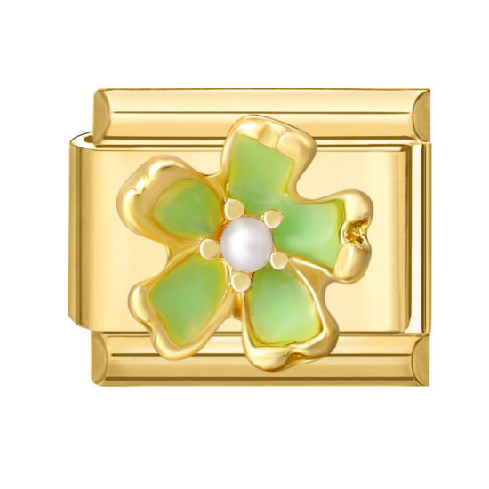 Bild von 1 Stück 304 Edelstahl Charm-Armband mit italienischen Gliedern zur Herstellung von DIY-Schmuck Vergoldet Grün Emaille Rechteck Blumen Imitat Perle 10mm x 9mm