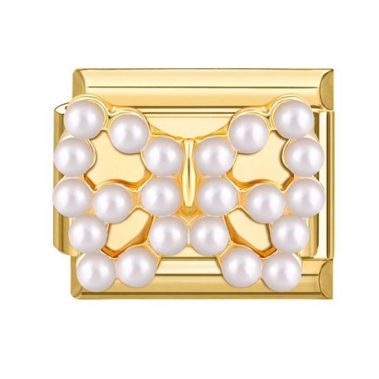 Bild von 1 Stück 304 Edelstahl Charm-Armband mit italienischen Gliedern zur Herstellung von DIY-Schmuck Vergoldet Rechteck Schleife Imitat Perle 10mm x 9mm