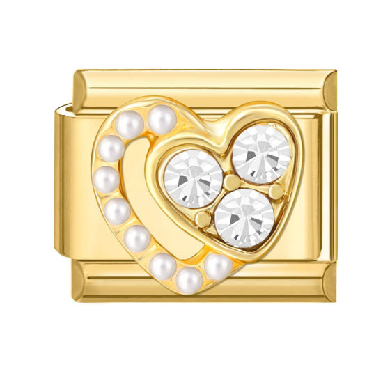 Bild von 1 Stück 304 Edelstahl Valentinstag Charm-Armband mit italienischen Gliedern zur Herstellung von DIY-Schmuck Vergoldet Rechteck Herz Imitat Perle Transparent Strass 10mm x 9mm