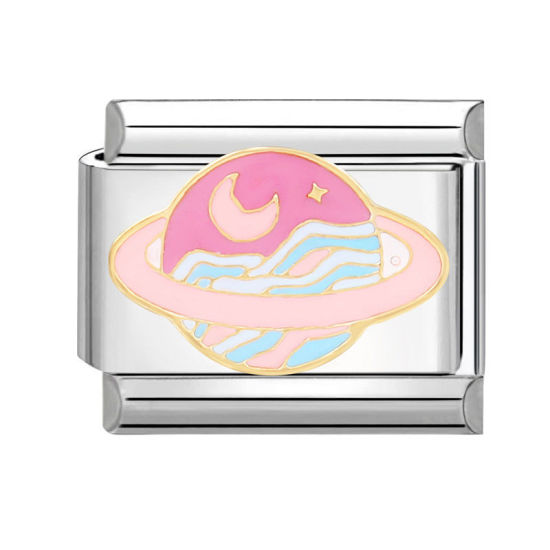 Bild von 1 Stück 304 Edelstahl Charm-Armband mit italienischen Gliedern zur Herstellung von DIY-Schmuck Silberfarbe Bunt Rechteck Universum Planeten 10mm x 9mm