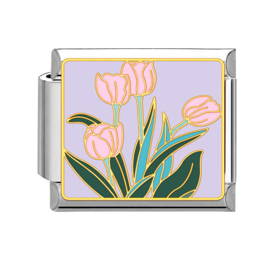 Picture of 1 Piece 304 Stainless Steel Italian Charm Links For DIY Bracelet Jewelry Making Silver Tone Multicolor Rectangle Flower 10mm x 9mm