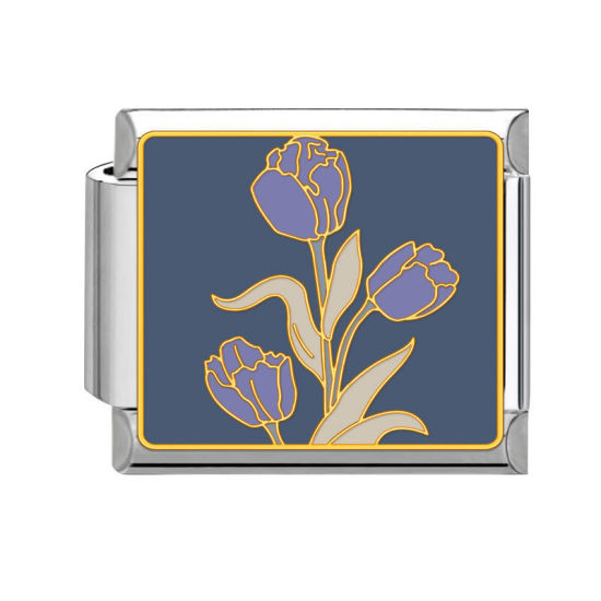 Picture of 1 Piece 304 Stainless Steel Italian Charm Links For DIY Bracelet Jewelry Making Silver Tone Multicolor Rectangle Flower 10mm x 9mm