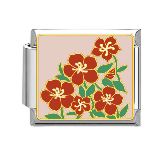 Picture of 1 Piece 304 Stainless Steel Italian Charm Links For DIY Bracelet Jewelry Making Silver Tone Multicolor Rectangle Flower 10mm x 9mm