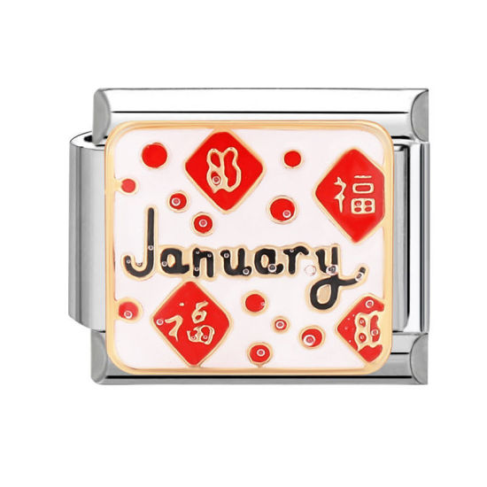Bild von 1 Stück 304 Edelstahl Charm-Armband mit italienischen Gliedern zur Herstellung von DIY-Schmuck Silberfarbe Rechteck Message " January " 10mm x 9mm