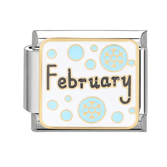 Bild von 1 Stück 304 Edelstahl Charm-Armband mit italienischen Gliedern zur Herstellung von DIY-Schmuck Silberfarbe Rechteck Message " February " 10mm x 9mm
