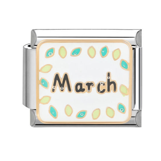 Bild von 1 Stück 304 Edelstahl Charm-Armband mit italienischen Gliedern zur Herstellung von DIY-Schmuck Silberfarbe Rechteck Message " March " 10mm x 9mm