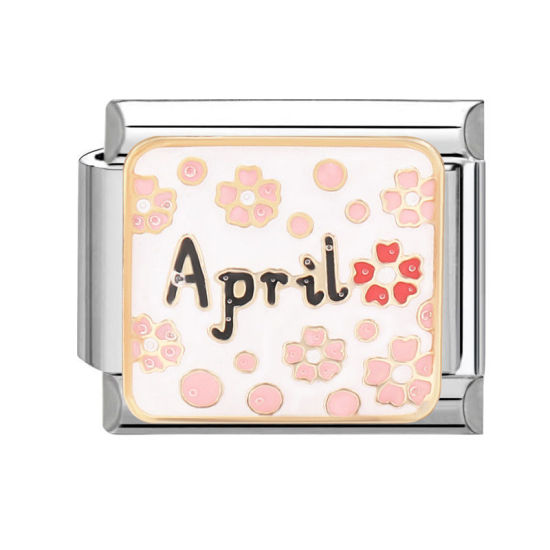 Bild von 1 Stück 304 Edelstahl Charm-Armband mit italienischen Gliedern zur Herstellung von DIY-Schmuck Silberfarbe Rechteck Message " April " 10mm x 9mm