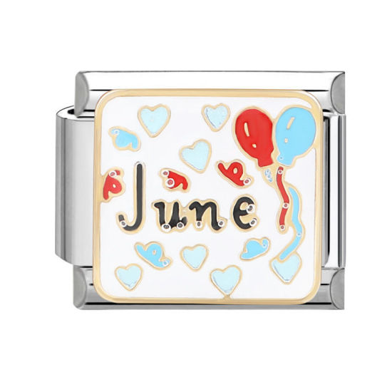 Bild von 1 Stück 304 Edelstahl Charm-Armband mit italienischen Gliedern zur Herstellung von DIY-Schmuck Silberfarbe Rechteck Message " June " 10mm x 9mm