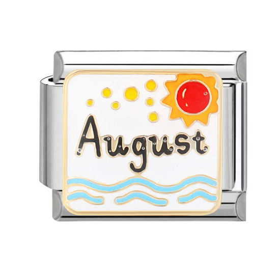 Bild von 1 Stück 304 Edelstahl Charm-Armband mit italienischen Gliedern zur Herstellung von DIY-Schmuck Silberfarbe Rechteck Message " August " 10mm x 9mm