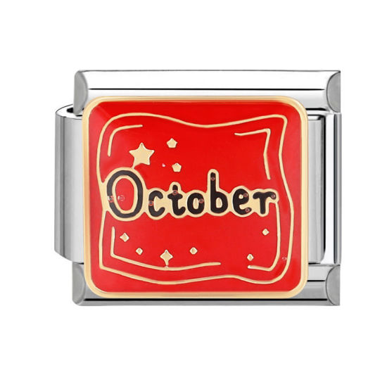 Bild von 1 Stück 304 Edelstahl Charm-Armband mit italienischen Gliedern zur Herstellung von DIY-Schmuck Silberfarbe Rechteck Message " October " 10mm x 9mm