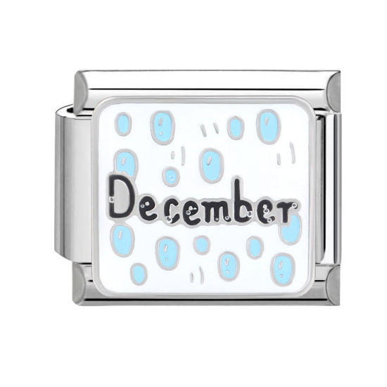 Bild von 1 Stück 304 Edelstahl Charm-Armband mit italienischen Gliedern zur Herstellung von DIY-Schmuck Silberfarbe Rechteck Message " December " 10mm x 9mm