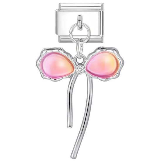 Изображение 1 ШТ 304 Нержавеющая Сталь Очаровательный итальянский браслет со звеньями Изготовление ювелирных изделий своими руками Серебряный Тон Прямоугольник Бант Розовый Стразы 10мм x 9мм