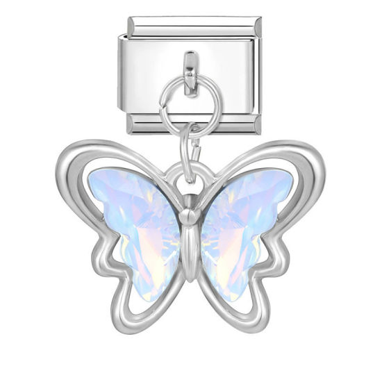 Изображение 1 ШТ 304 Нержавеющая Сталь Очаровательный итальянский браслет со звеньями Изготовление ювелирных изделий своими руками Серебряный Тон Прямоугольник Бабочка Разноцветный Стразы 10мм x 9мм