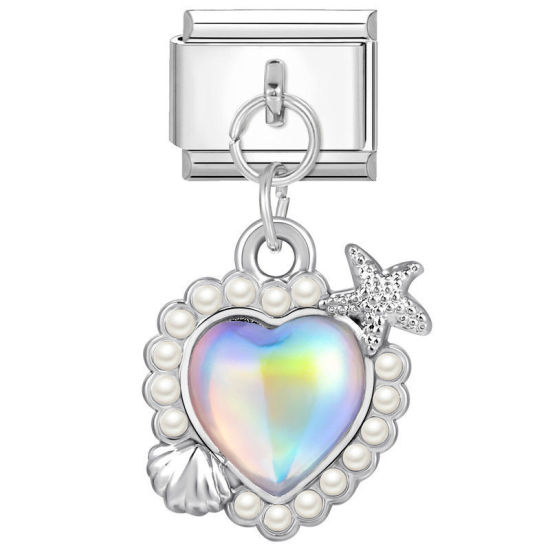 Изображение 1 ШТ 304 Нержавеющая Сталь День святого Валентина Очаровательный итальянский браслет со звеньями Изготовление ювелирных изделий своими руками Серебряный Тон Прямоугольник Сердце Имитация жемчуга Разноцветный Стразы 10мм x 9мм