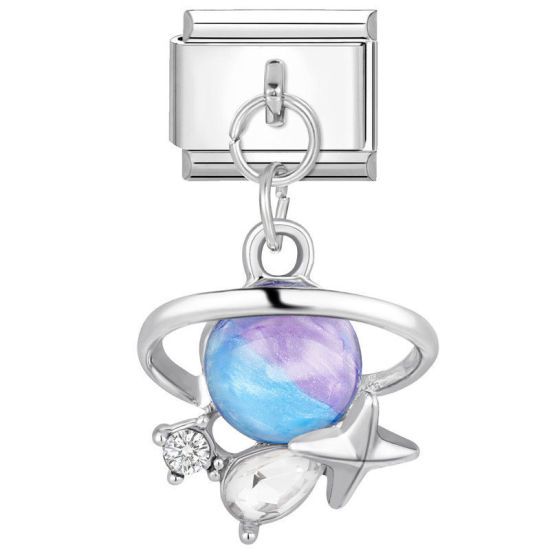 Изображение 1 ШТ 304 Нержавеющая Сталь Очаровательный итальянский браслет со звеньями Изготовление ювелирных изделий своими руками Серебряный Тон Прямоугольник Ппланета Синий Стразы 10мм x 9мм