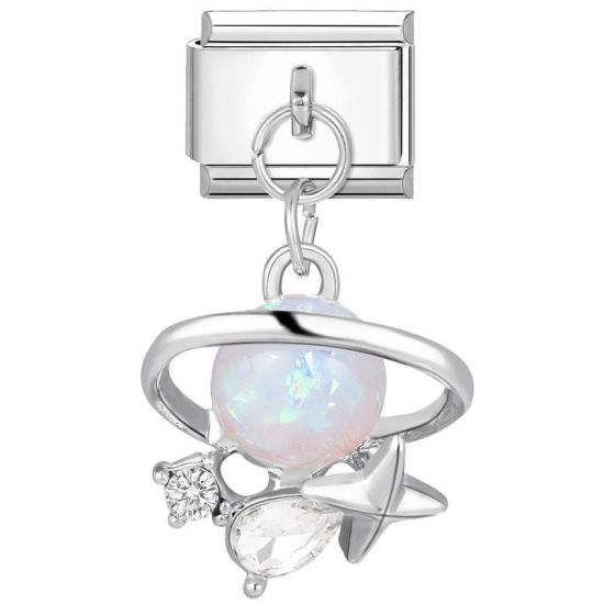 Изображение 1 ШТ 304 Нержавеющая Сталь Очаровательный итальянский браслет со звеньями Изготовление ювелирных изделий своими руками Серебряный Тон Прямоугольник Ппланета Имитация Опал Прозрачный Стразы 10мм x 9мм