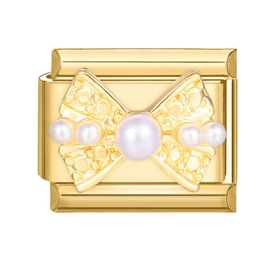 Изображение 1 ШТ 304 Нержавеющая Сталь Очаровательный итальянский браслет со звеньями Изготовление ювелирных изделий своими руками Позолоченный Прямоугольник Бант Имитация жемчуга 10мм x 9мм