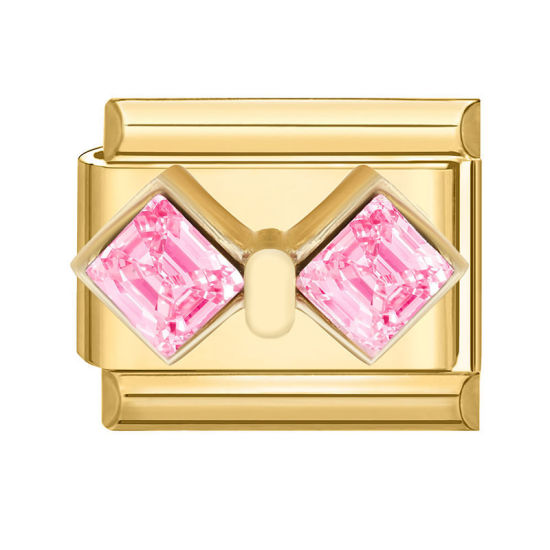Изображение 1 ШТ 304 Нержавеющая Сталь Очаровательный итальянский браслет со звеньями Изготовление ювелирных изделий своими руками Позолоченный Прямоугольник Бант Розовый Стразы 10мм x 9мм