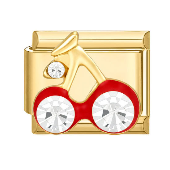 Изображение 1 ШТ 304 Нержавеющая Сталь Очаровательный итальянский браслет со звеньями Изготовление ювелирных изделий своими руками Позолоченный Красный С Эмалью Прямоугольник Вишня Прозрачный Стразы 10мм x 9мм