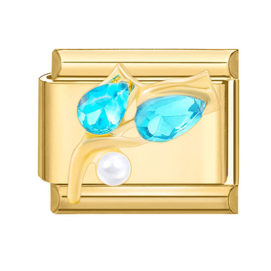 Изображение 1 ШТ 304 Нержавеющая Сталь Очаровательный итальянский браслет со звеньями Изготовление ювелирных изделий своими руками Позолоченный Прямоугольник Тюльпан цветок Синий Стразы 10мм x 9мм