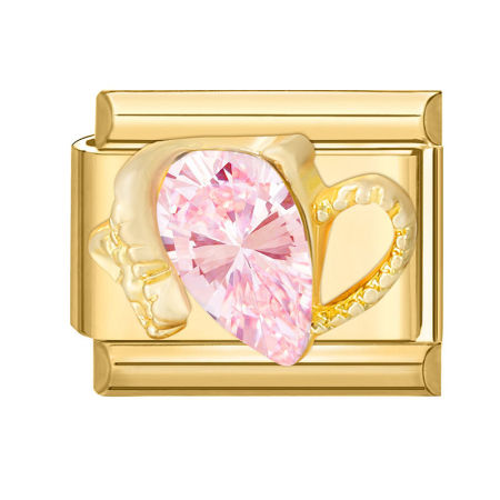 Picture of 1 Piece 304 Stainless Steel Valentine's Day Italian Charm Links For DIY Bracelet Jewelry Making Gold Plated Rectangle Heart Pink Rhinestone 10mm x 9mm
