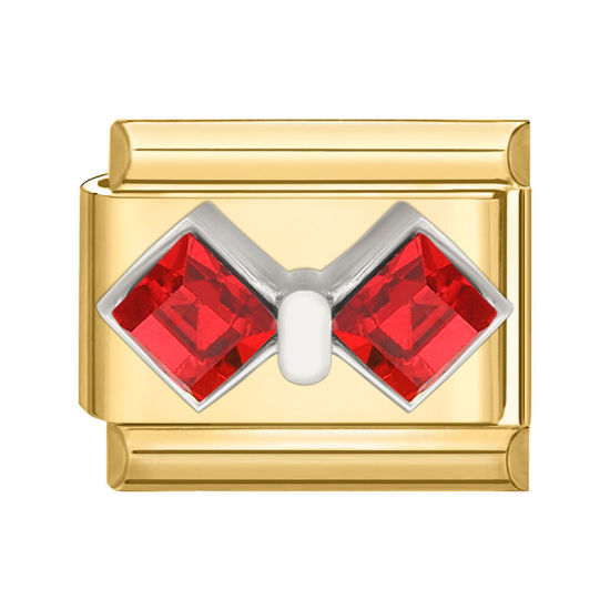 Изображение 1 ШТ 304 Нержавеющая Сталь Очаровательный итальянский браслет со звеньями Изготовление ювелирных изделий своими руками Позолоченный Прямоугольник Бант Красный Стразы 10мм x 9мм