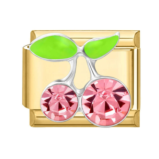 Изображение 1 ШТ 304 Нержавеющая Сталь Очаровательный итальянский браслет со звеньями Изготовление ювелирных изделий своими руками Позолоченный Прямоугольник Вишня Розовый Стразы 10мм x 9мм