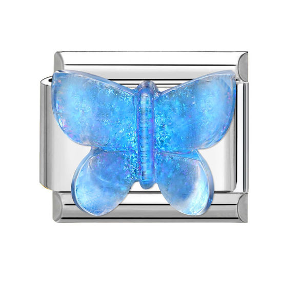 Изображение 1 ШТ 304 Нержавеющая Сталь Очаровательный итальянский браслет со звеньями Изготовление ювелирных изделий своими руками Серебряный Тон Синий Прямоугольник Бабочка 10мм x 9мм