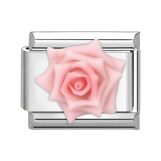 Bild von 1 Stück 304 Edelstahl Charm-Armband mit italienischen Gliedern zur Herstellung von DIY-Schmuck Silberfarbe Rosa Rechteck Rose 10mm x 9mm