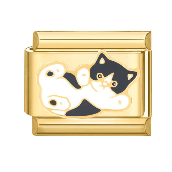 Изображение 1 ШТ 304 Нержавеющая Сталь Очаровательный итальянский браслет со звеньями Изготовление ювелирных изделий своими руками Позолоченный Черный & Белый Прямоугольник Кошка 10мм x 9мм