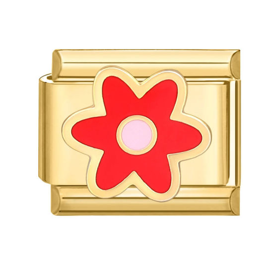 Изображение 1 ШТ 304 Нержавеющая Сталь Очаровательный итальянский браслет со звеньями Изготовление ювелирных изделий своими руками Позолоченный Красный Прямоугольник Цветок 10мм x 9мм