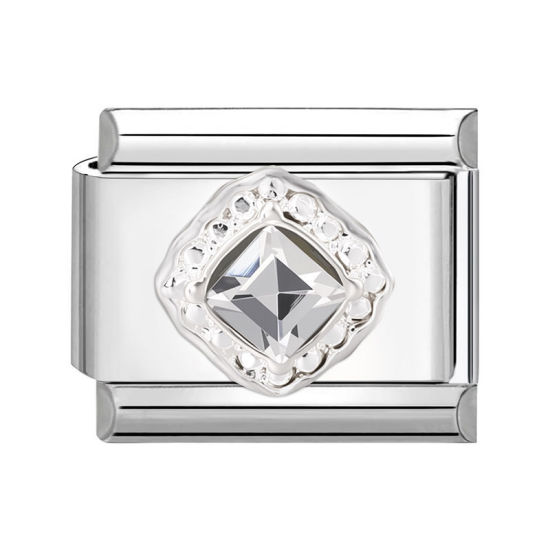 Bild von 1 Stück 304 Edelstahl Charm-Armband mit italienischen Gliedern zur Herstellung von DIY-Schmuck Silberfarbe Rechteck Transparent Strass 10mm x 9mm