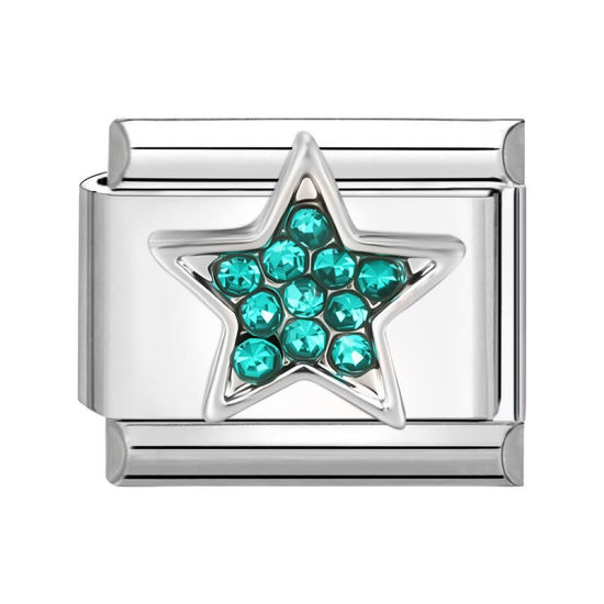 Bild von 1 Stück 304 Edelstahl Charm-Armband mit italienischen Gliedern zur Herstellung von DIY-Schmuck Silberfarbe Rechteck Pentagramm Cyan Strass 10mm x 9mm