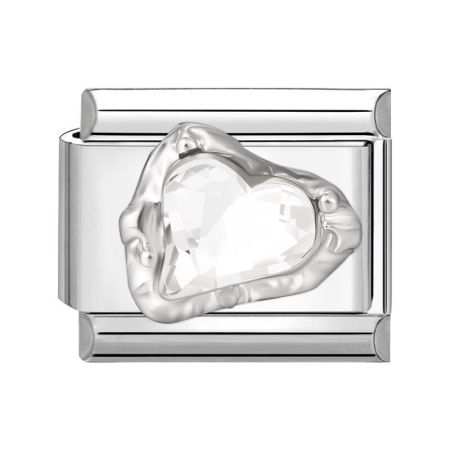Picture of 1 Piece 304 Stainless Steel Valentine's Day Italian Charm Links For DIY Bracelet Jewelry Making Silver Tone Rectangle Heart Clear Rhinestone 10mm x 9mm