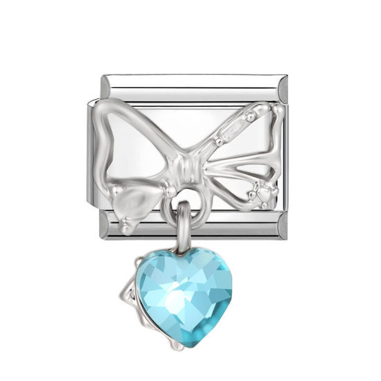 Изображение 1 ШТ 304 Нержавеющая Сталь Очаровательный итальянский браслет со звеньями Изготовление ювелирных изделий своими руками Серебряный Тон Прямоугольник Бант Синий Стразы 10мм x 9мм