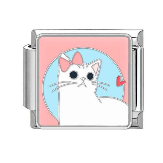 Bild von 1 Stück 304 Edelstahl Charm-Armband mit italienischen Gliedern zur Herstellung von DIY-Schmuck Silberfarbe Bunt Rechteck Katze 10mm x 9mm