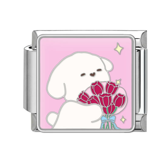 Bild von 1 Stück 304 Edelstahl Charm-Armband mit italienischen Gliedern zur Herstellung von DIY-Schmuck Silberfarbe Bunt Rechteck Hund 10mm x 9mm