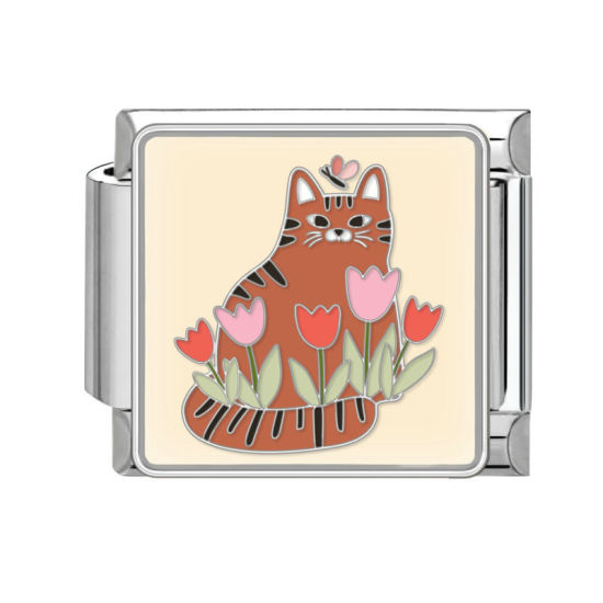 Bild von 1 Stück 304 Edelstahl Charm-Armband mit italienischen Gliedern zur Herstellung von DIY-Schmuck Silberfarbe Kaffeebraun Rechteck Katze 10mm x 9mm